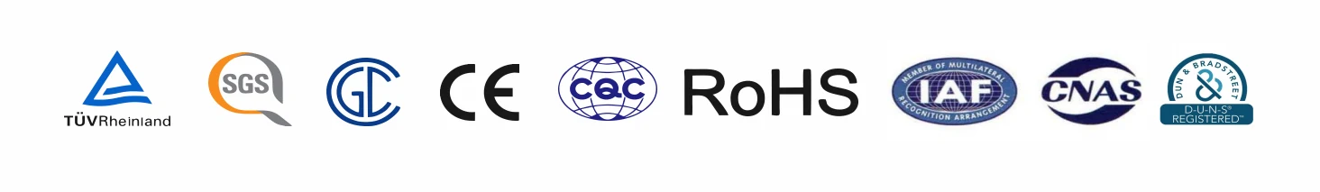 Energy storage compliance and quality marks including TÜV Rheinland, SGS, CE, CQC, RoHS, IAF, CNAS and D-U-N-S