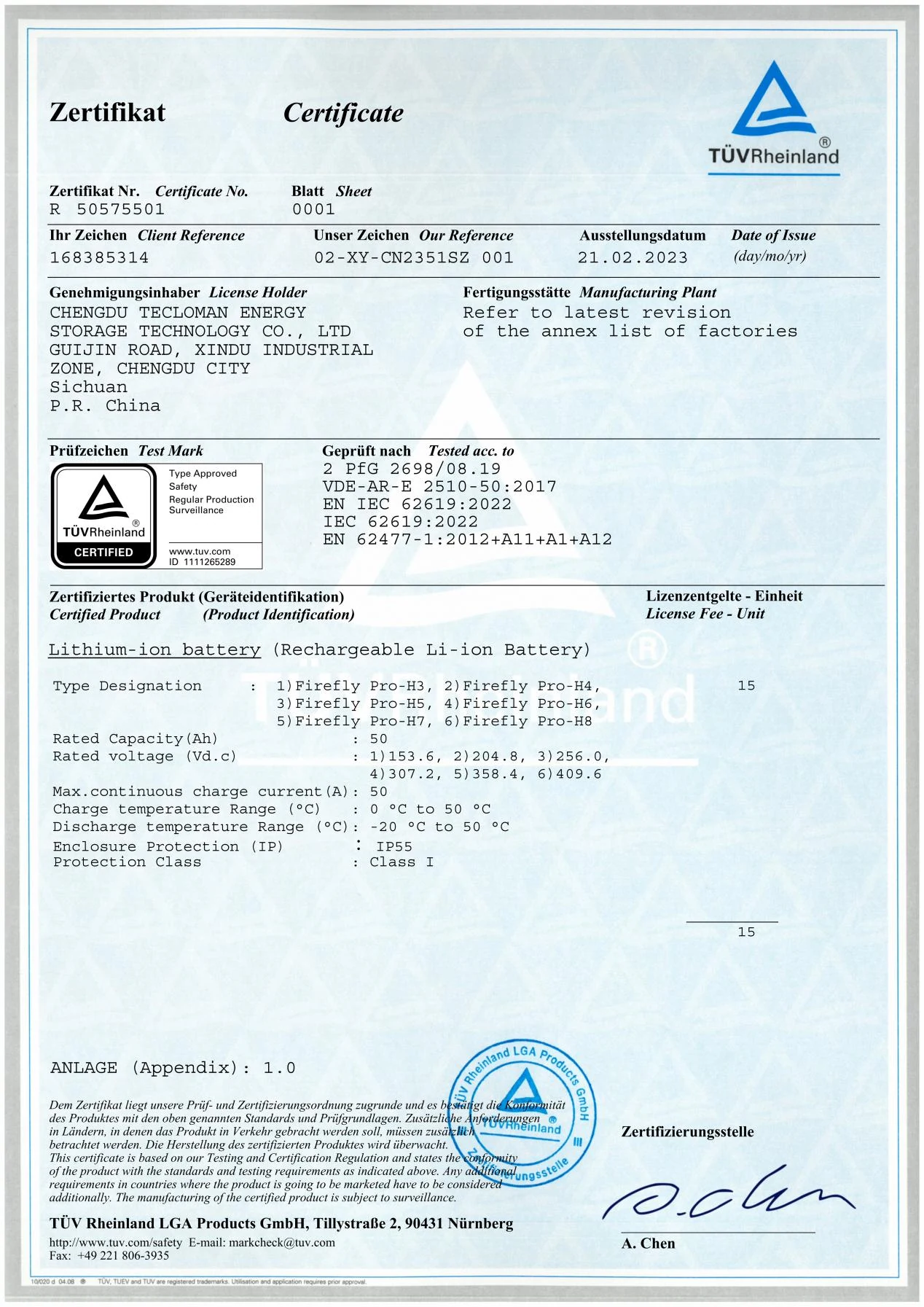 TÜV Certification certification for CVC Energy strategic partner energy storage products