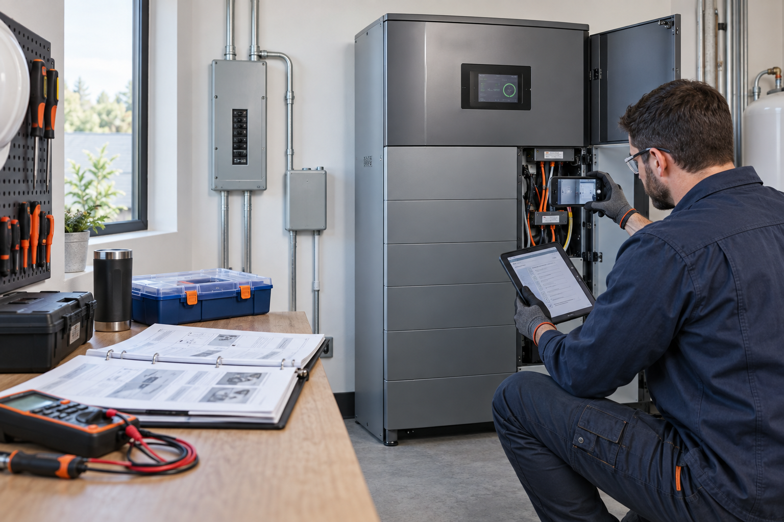 Service technician reviewing all-in-one energy storage error codes and a diagnostic record