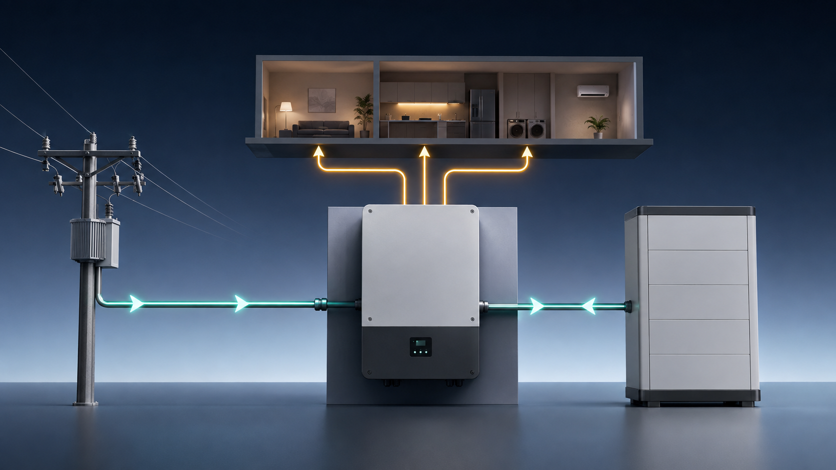 Grid, inverter, household load and battery charging power path