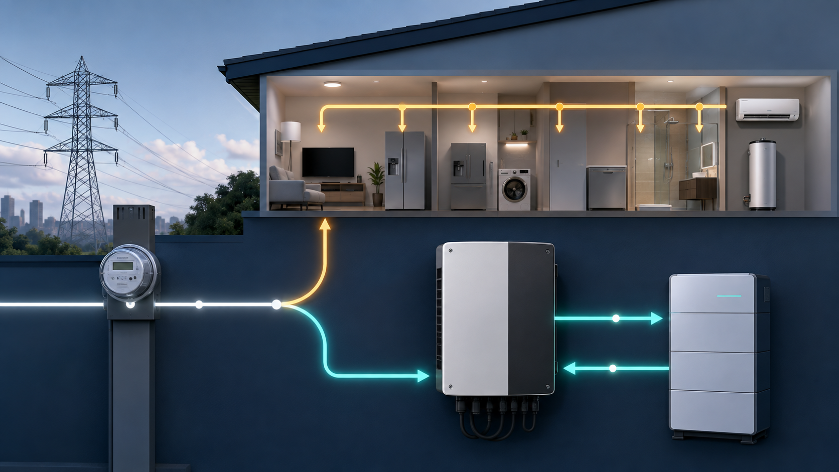 Home battery, hybrid inverter, grid and household load diagram