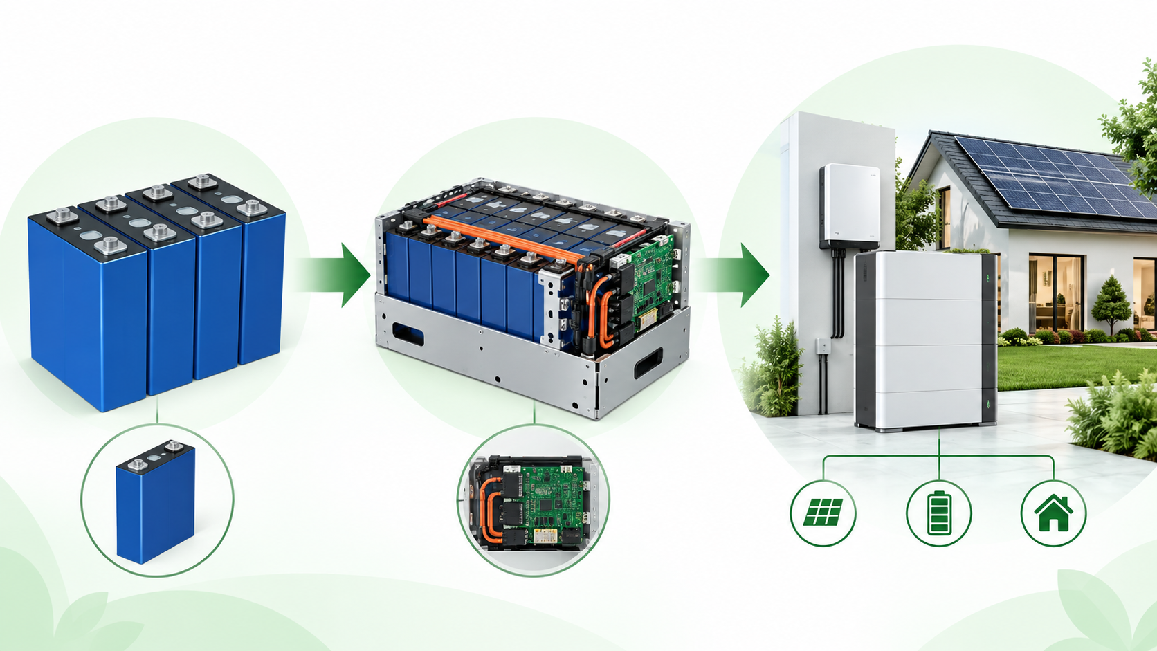 Technical diagram showing the cell to battery pack to residential ESS system supply chain