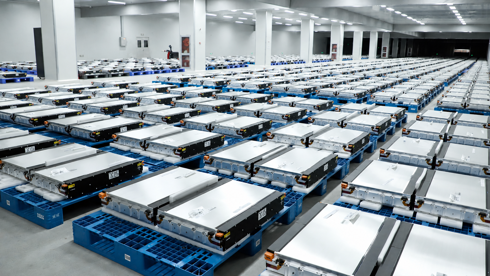 Battery production floor with energy storage modules prepared for assembly