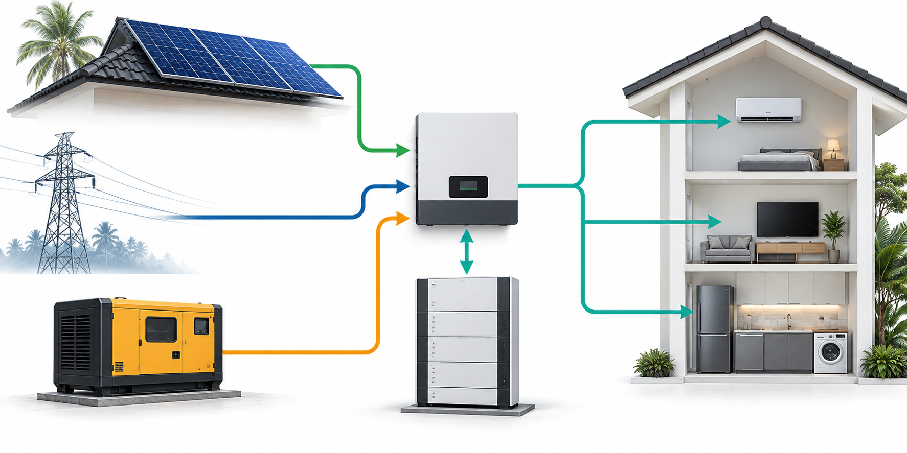 Indonesia home energy storage system with solar, grid, battery and backup generator power flow