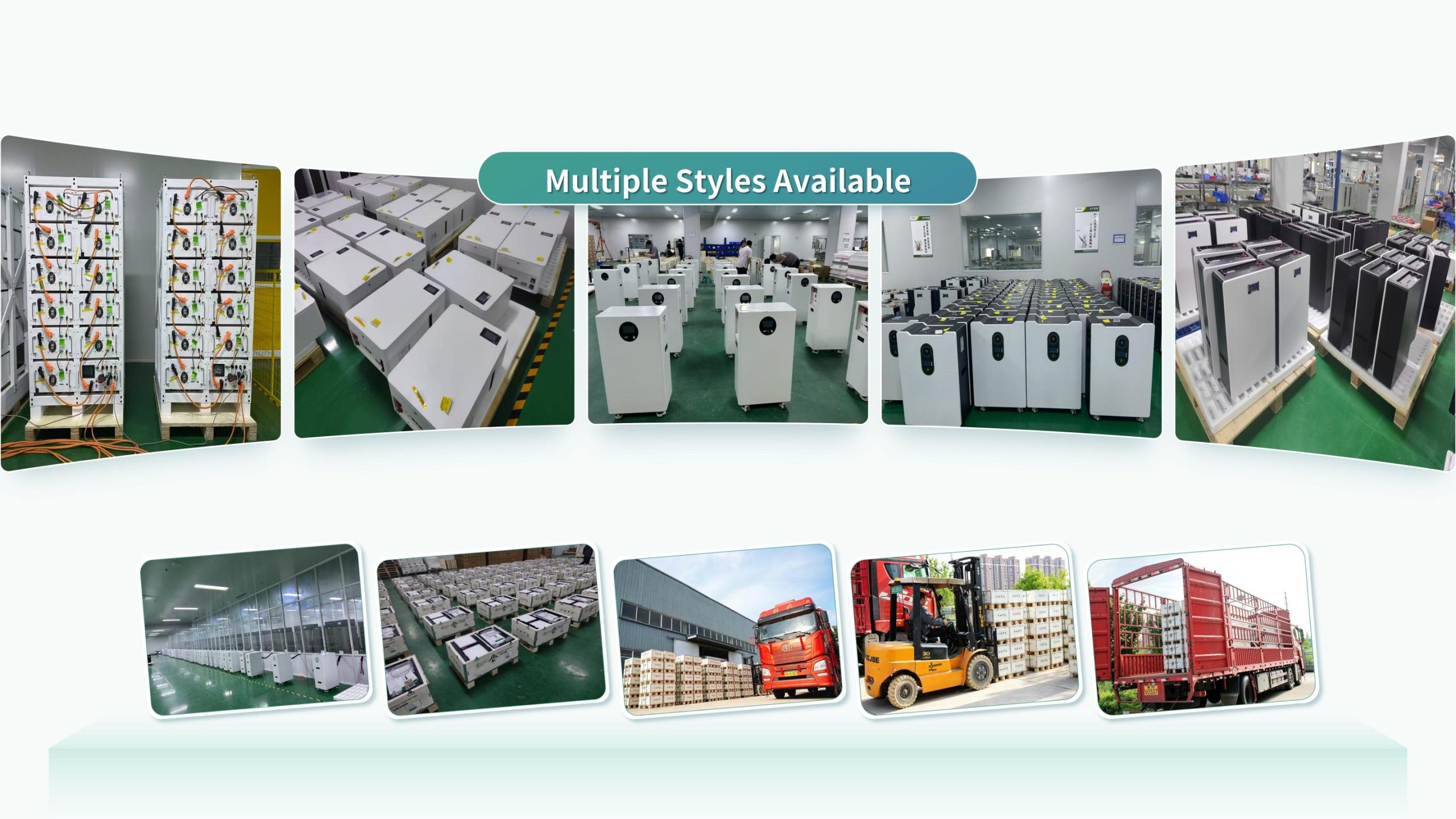 Battery products staged in a factory with forklift and cargo loading scenes