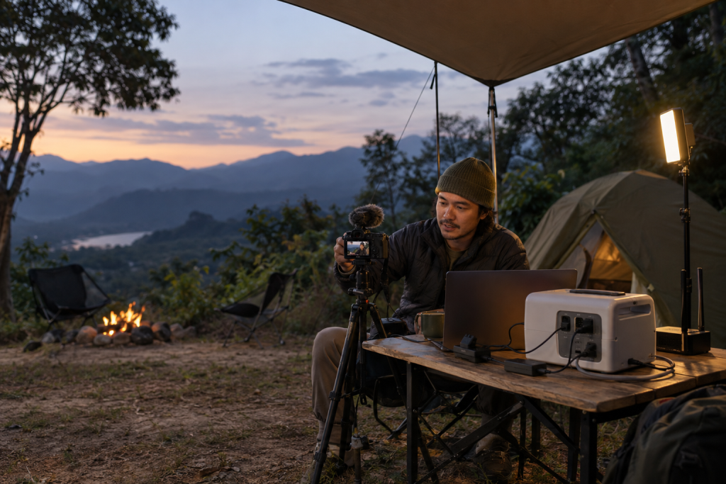 Content creator using a portable power station for camera charging and mobile video production