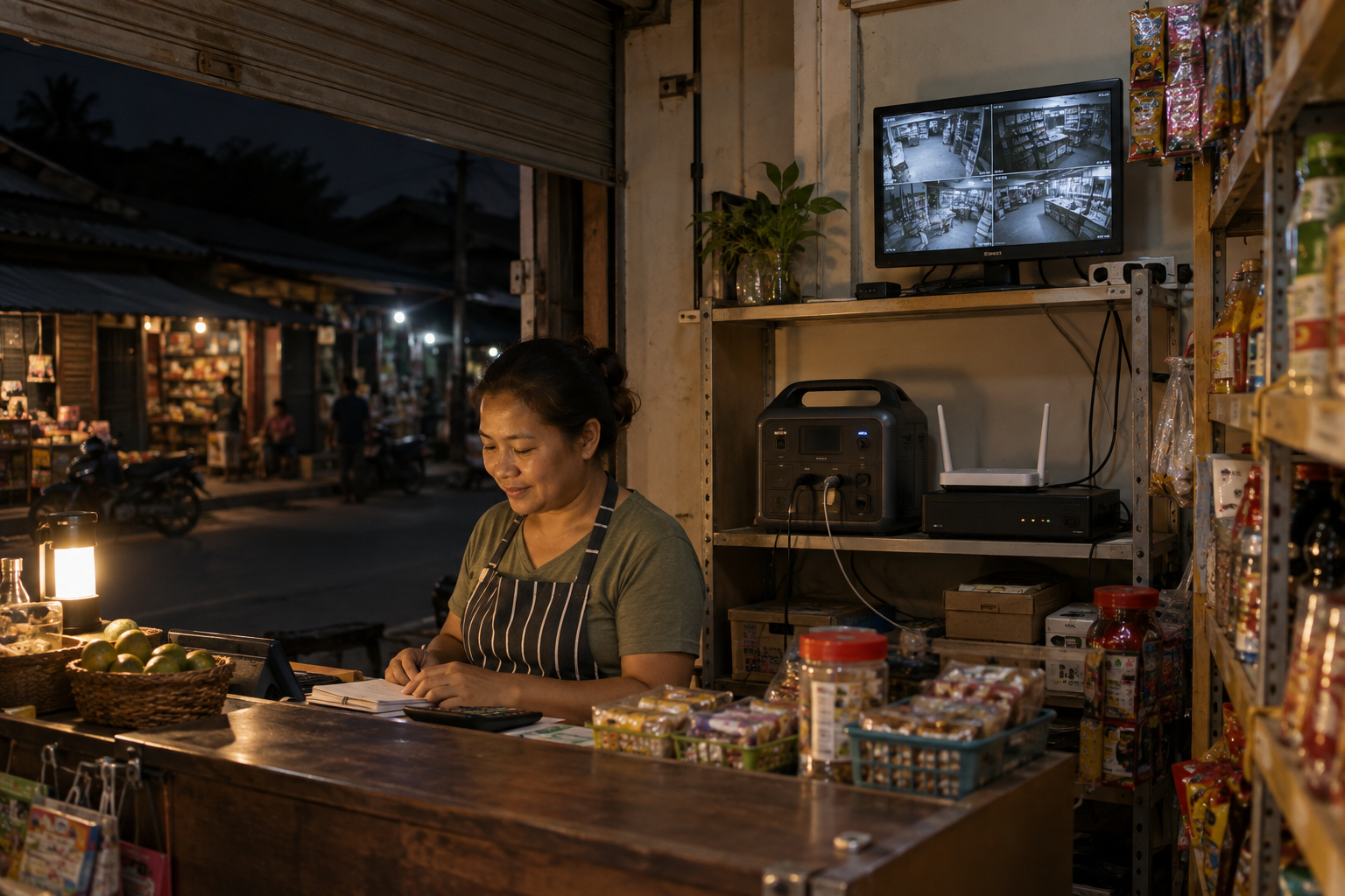 Small shop using a portable power station to back up its router and CCTV system
