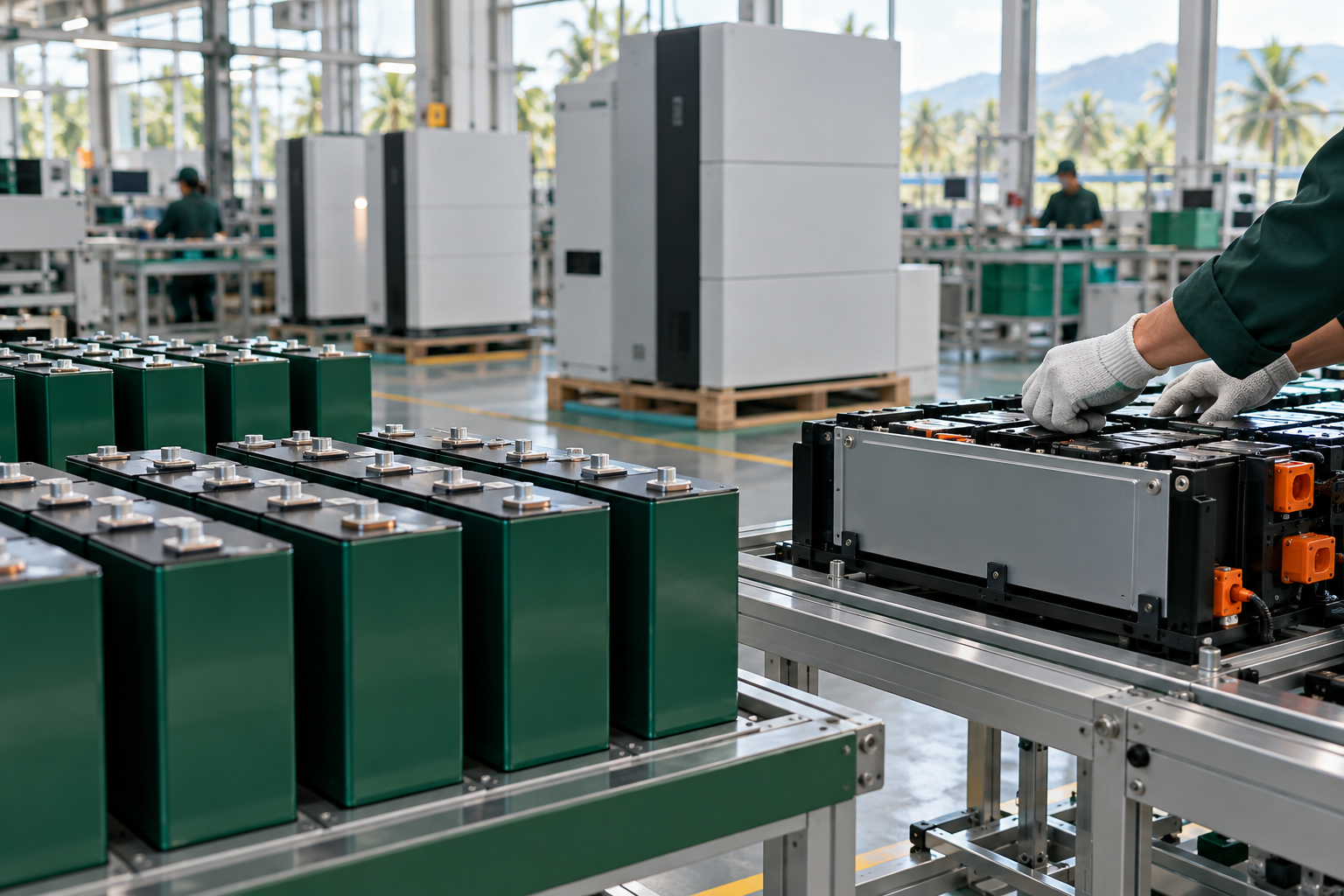 Prismatic LiFePO4 cells and residential energy storage battery modules in a Southeast Asian assembly facility